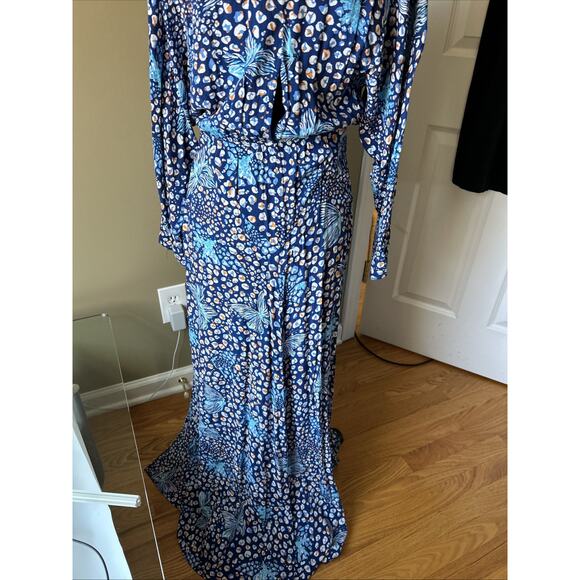 Poupette St Barth Flowy Floral Maxi Dress Blue Sz M Deep Slits LLona Long Sleeve - Picture 6 of 16